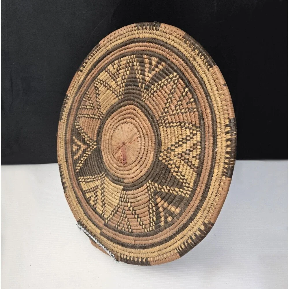 African Hand Woven Coiled Flat Basket Tray Geometric Vintage 12.5